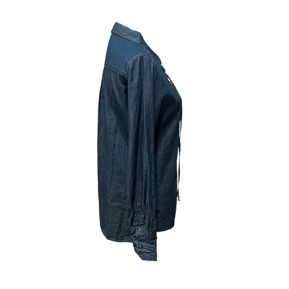 Noble U Lace Up Long Sleeve Collard Chambray Top Blouse Dark Blue Size Small - Picture 5 of 10